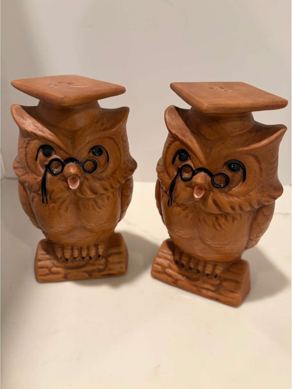 Vintage Ceramic Owl Salt and Pepper Shakers with Glasses and Graduation Caps